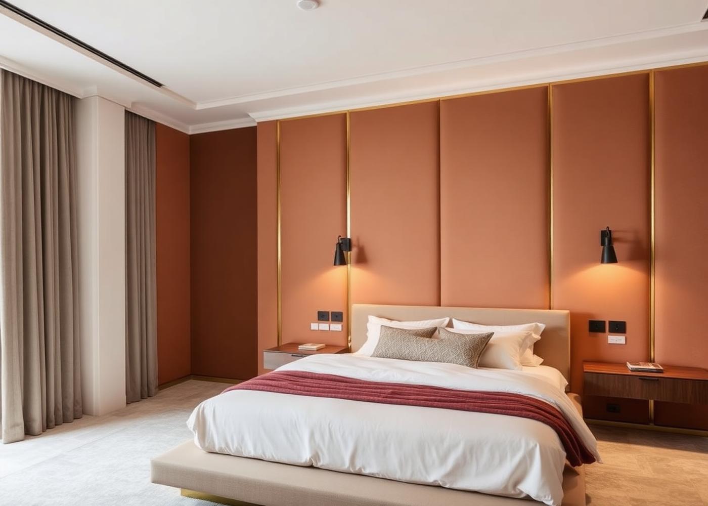 Bedroom with upholstered bed wall panelling and brass reveals