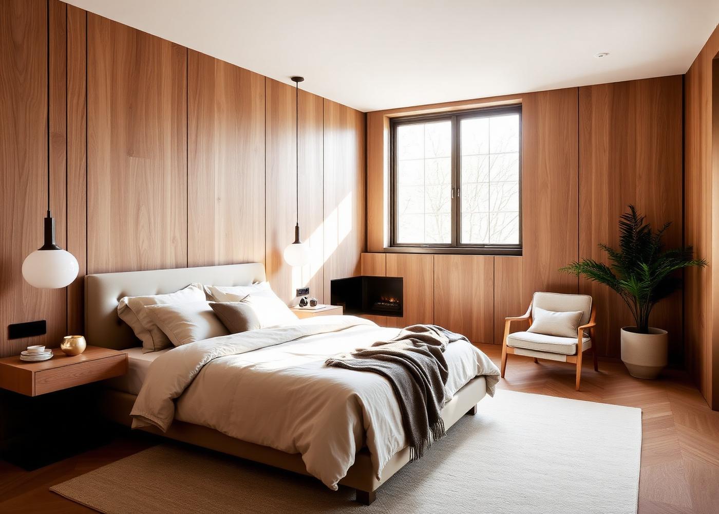 Bedroom lined in warm timber panelling with soft daylight
