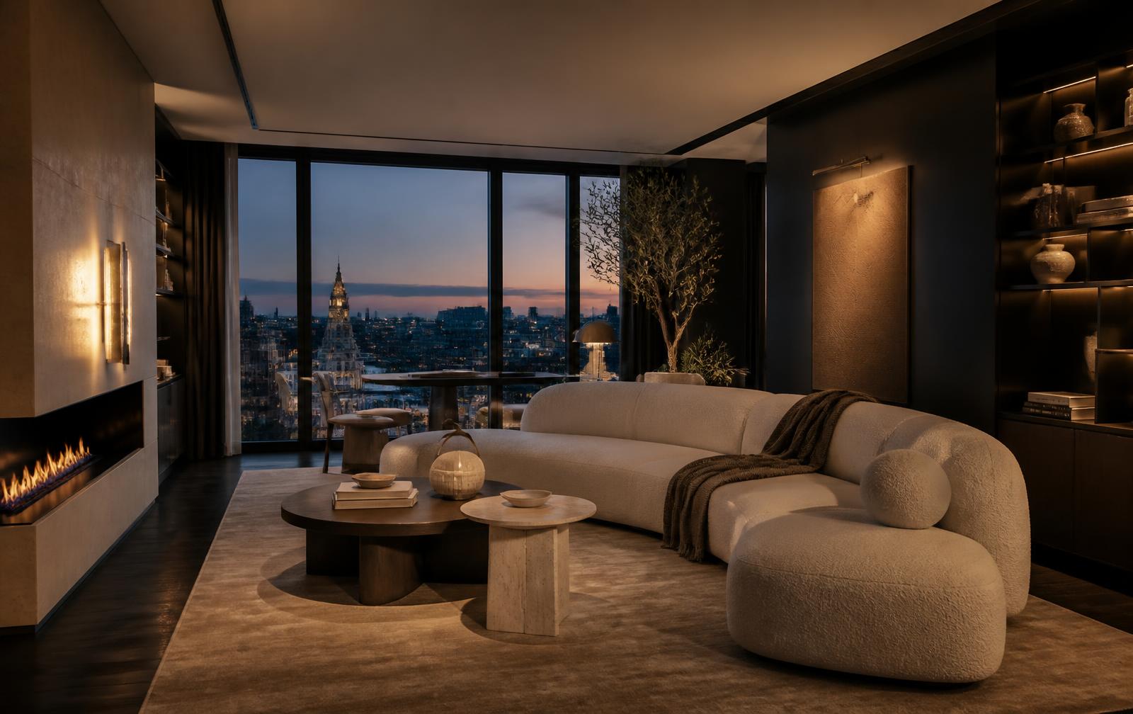 Luxury London living room at dusk with warm lighting