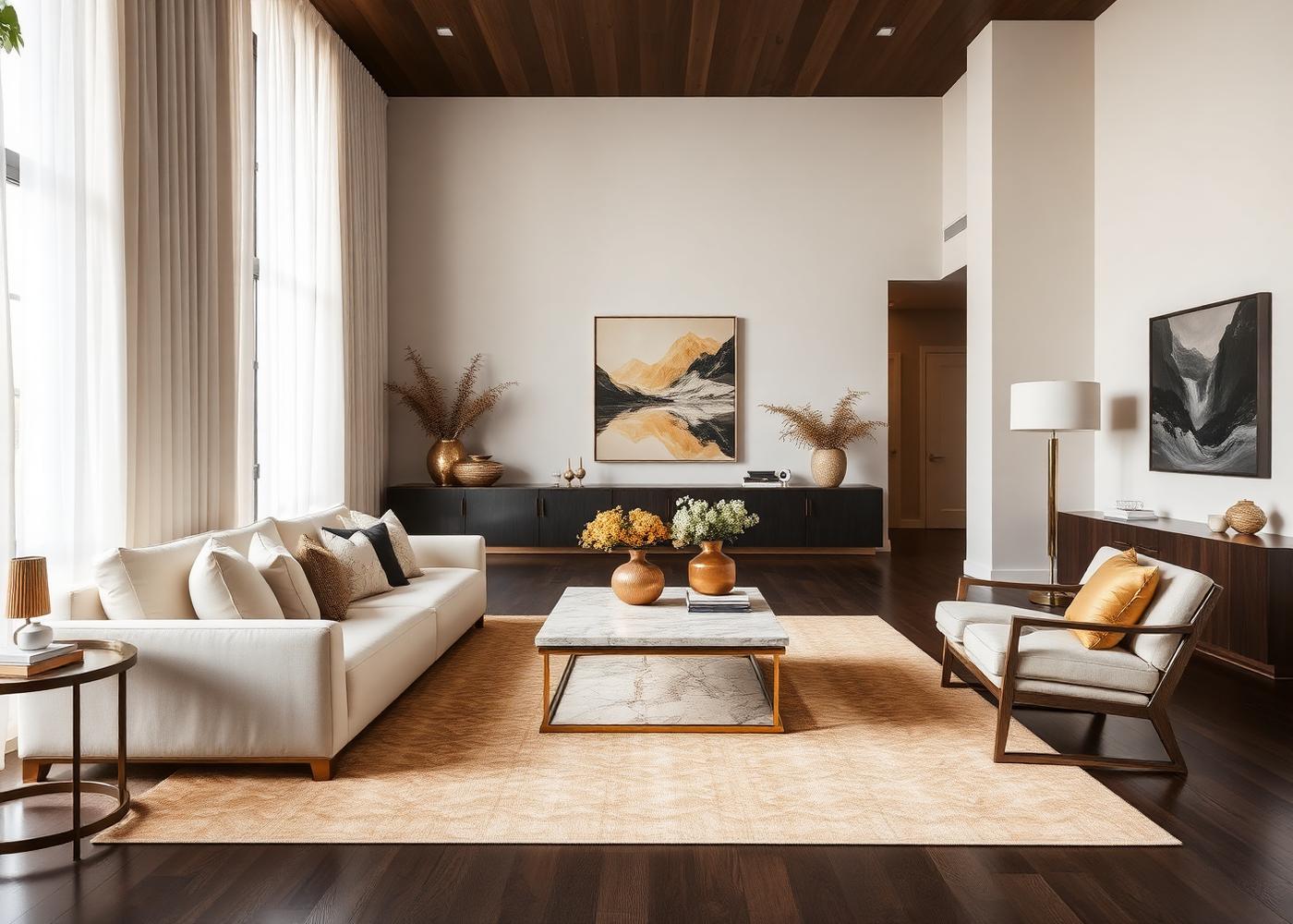 Reception room with ivory sofa, stone coffee table and dark timber floor