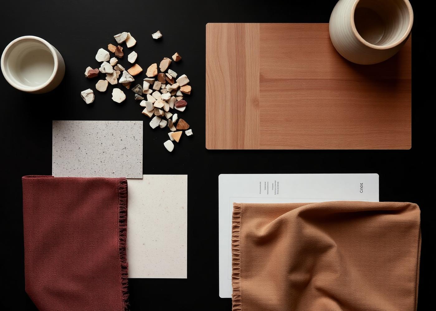 Natural stone, timber and brass material samples arranged for an interior scheme