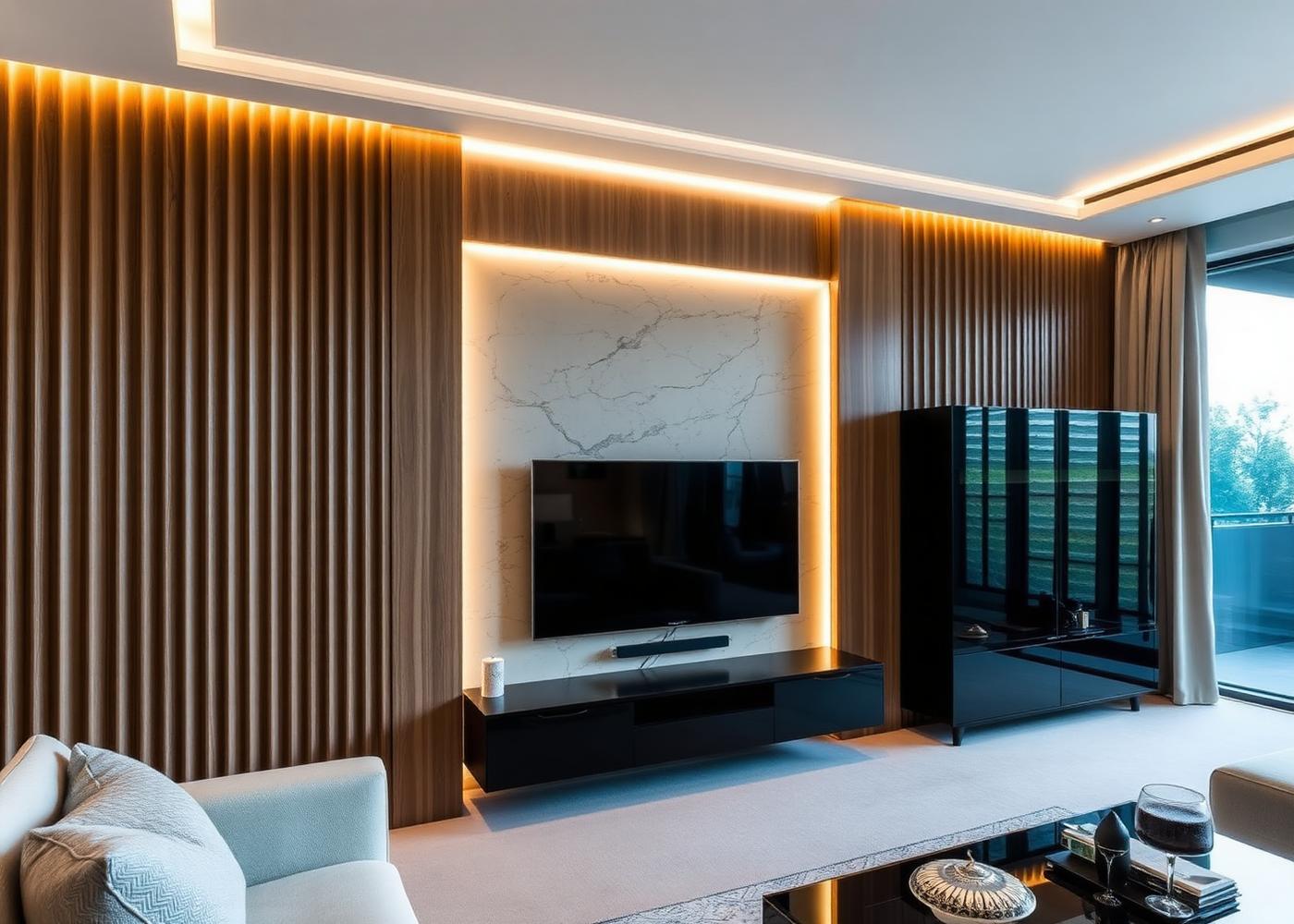 Fluted timber media wall with marble insert and concealed lighting