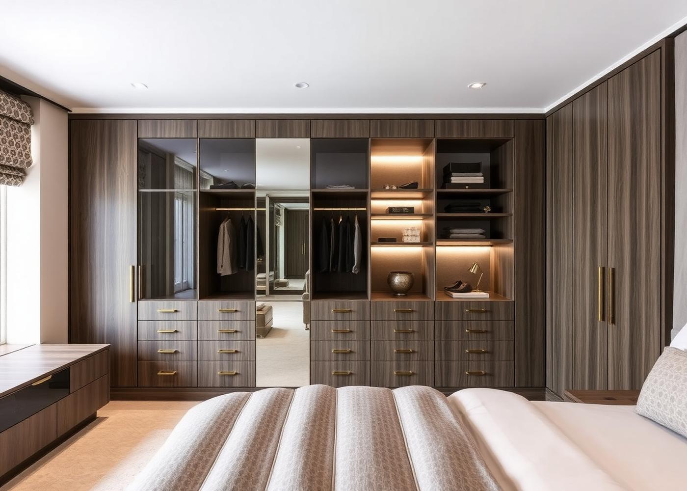 Fitted wardrobe in smoked oak with brass handles and internal lighting